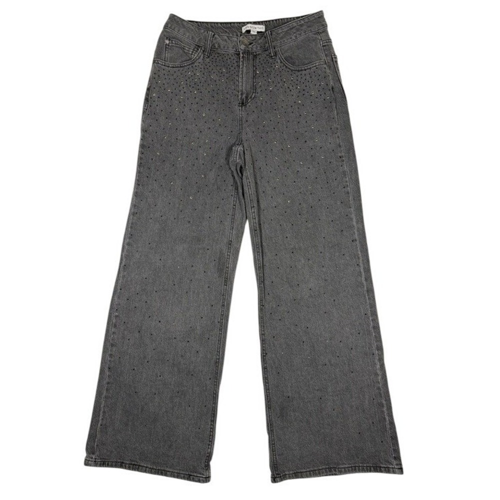 And Now This Womens Wide Leg Rhinestone Embellished Grey Acid Wash Jeans 27
